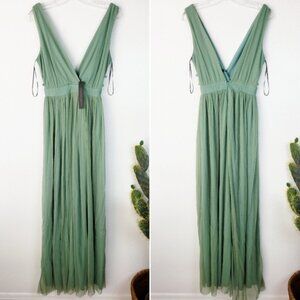 NWT Symphony Sage Green Maxi Dress Mesh Lace Overlay size S
